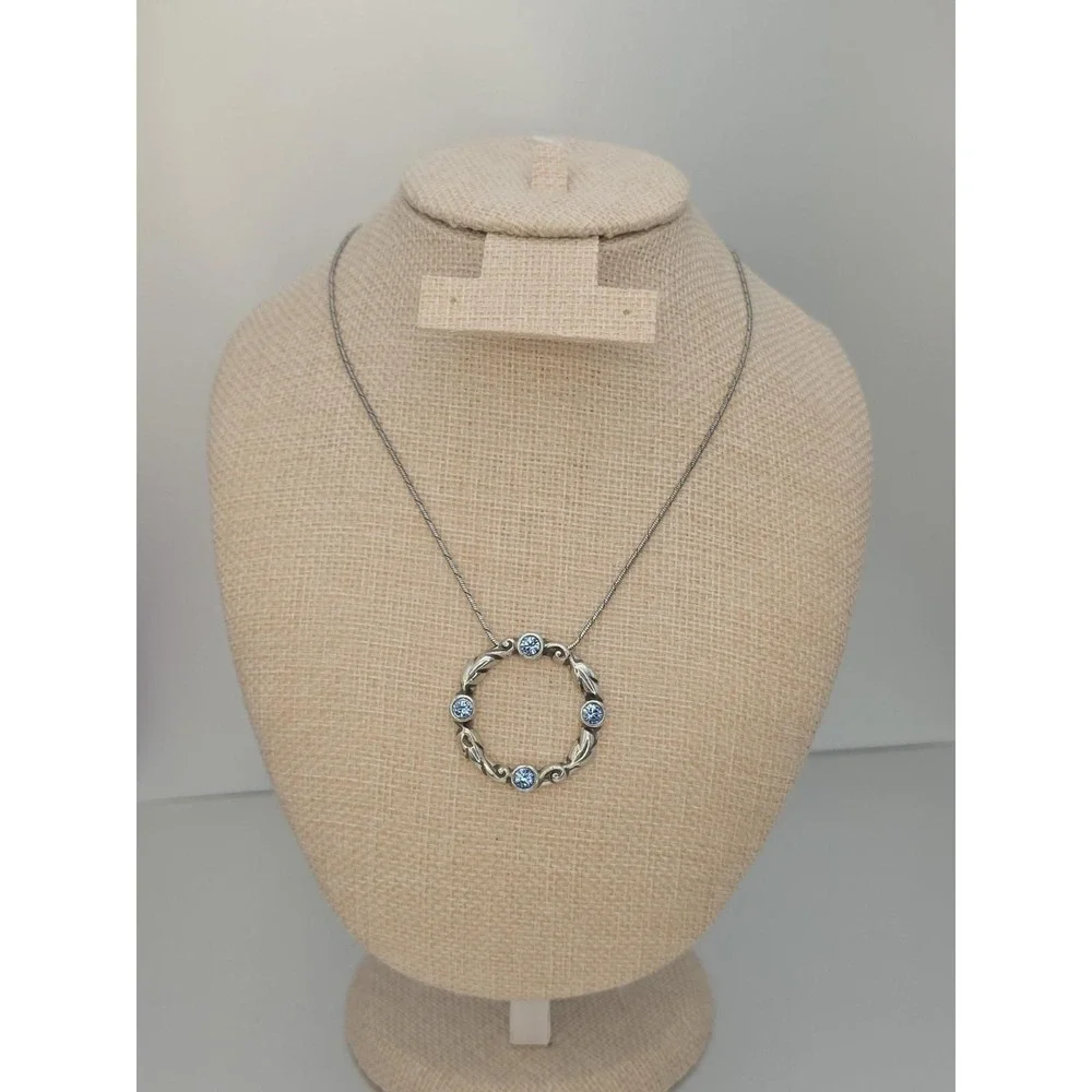 Vtg BRIGHTON Signed Gateway Necklace SWAROVSKI Blue Crystals Silver Plate Leaves - Picture 2 of 8